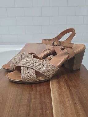 Woven Tan Block Heel Sandals Made In Italy